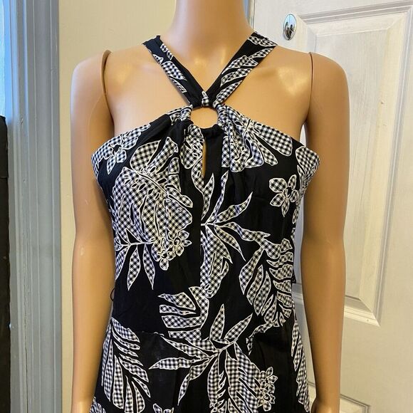 Y2K Dress Sz 6/S Black White Whimsigoth Key Hole Halter Midi Leafy Hippie Party - Picture 6 of 11